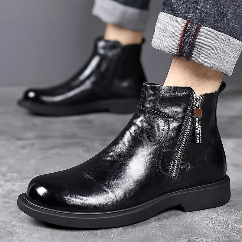 Fashion Genuine Leather Ankle Boots for Men Autumn Winter Velvet Warm Men'S Chelsea Boots New Designer Casual Dress Shoes Man