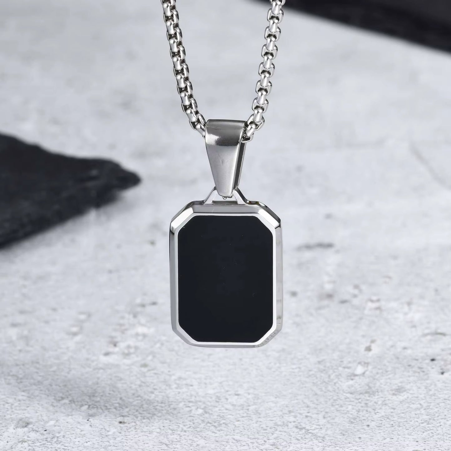 Casual Black Enamel Necklaces for Men,Waterproof Stainless Steel Square Pendant Necklace,Simple Fashion Male Collar Jewelry Gift