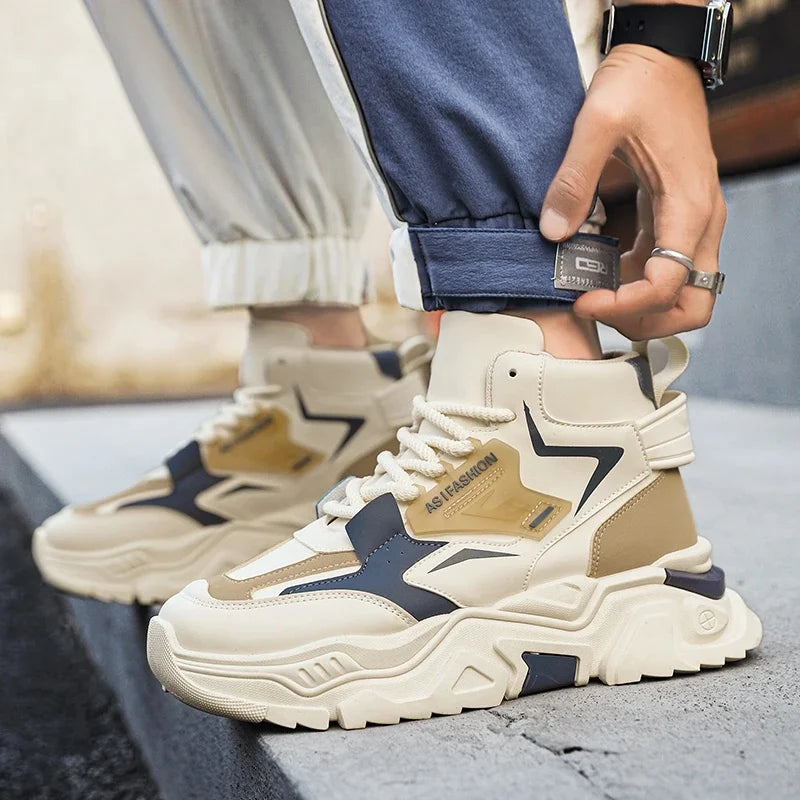 Men'S High Top Thick Bottom Sports Shoes 12CM Heightening Inner Design Casual Leisure Dad Shoes Synthetic Leather Rubber Sole