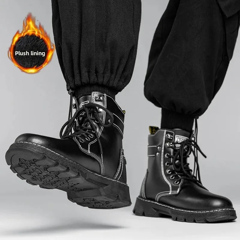 Men'S High Top Desert Workwear Boots Motorcycle Trendy Shoes PU Leather round Toe Low Heel Rubber Outsole Street Style Boots