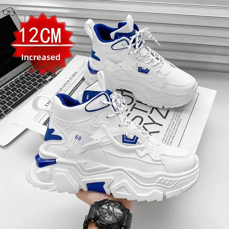Men'S High Top Thick Bottom Sports Shoes 12CM Heightening Inner Design Casual Leisure Dad Shoes Synthetic Leather Rubber Sole