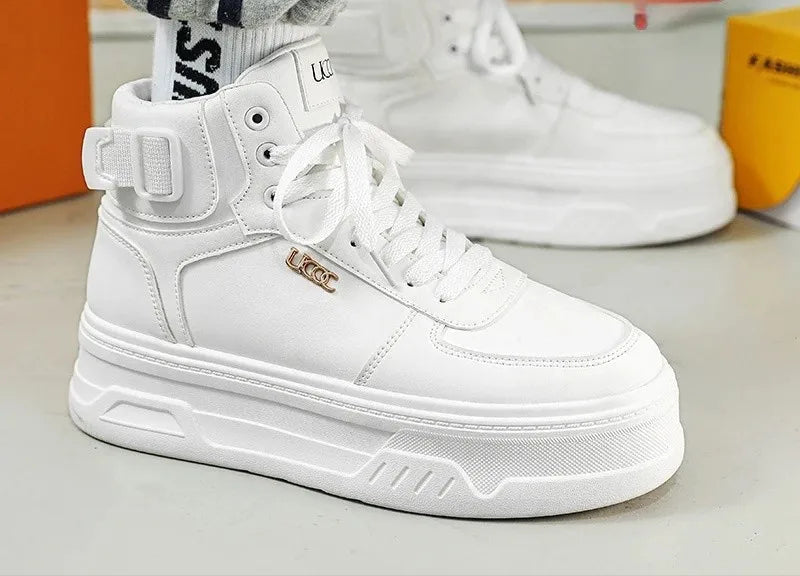 New Autumn/Winter Men'S Casual Sneakers 12Cm Increased Height 10Cm Thick Sole White Shoes High Top Rubber Base Male Footwear