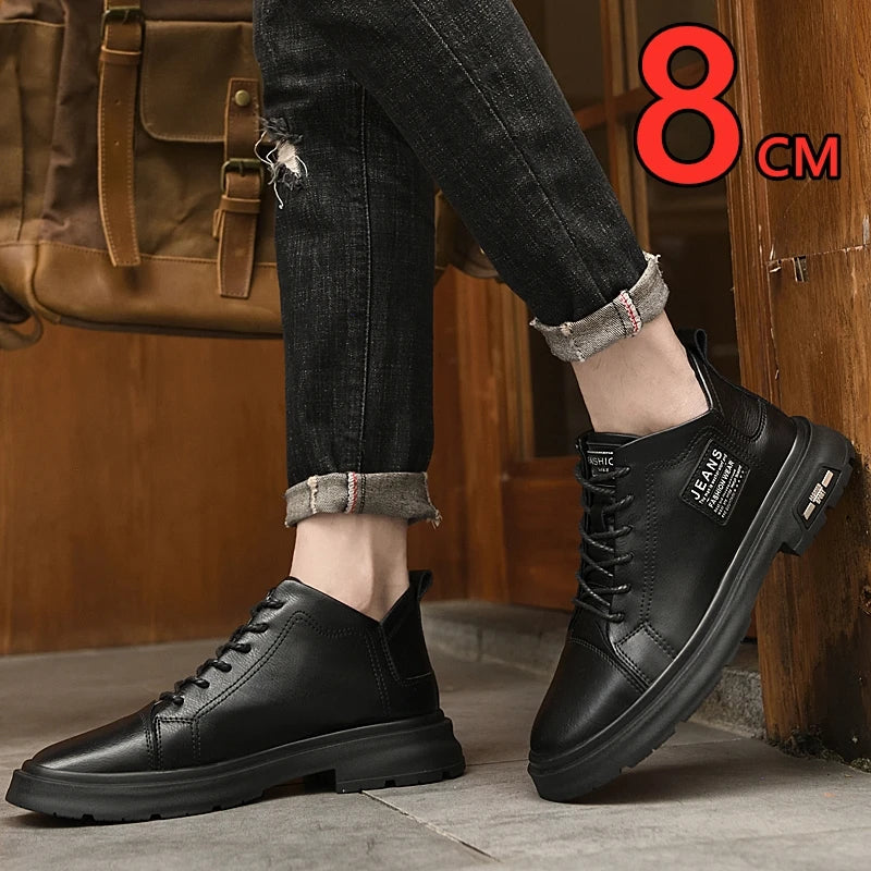 Men Genuine Leather Heightening Shoes Comfort Lace up Casual Elevator Shoes Commerce Breathable Height Increase Insole 8CM Sport