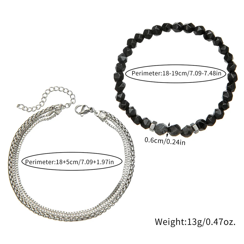 2PC Black Section Stone Beaded Bracelets for Men Fashion Hip Hop Chain Bracelet Set Combination Jewelry
