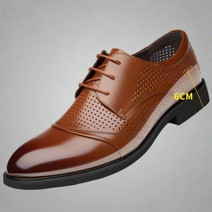 Flat / 6CM Genuine Leather Men Formal Elevator Shoes Wedding Business Height Increase Lift Shoes Invisible Summer Hollow Wedding