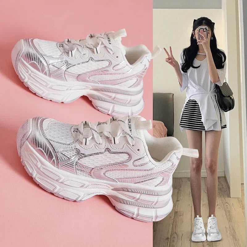 Women'S Thick Bottom Breathable Sports Shoes Spring New Style Casual Increased Height Rubber Outsole Grid Lining All Season