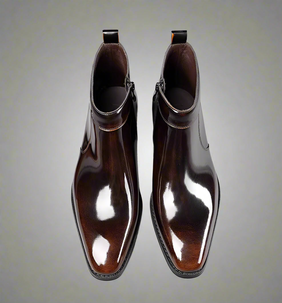 Men'S Handmade Chelsea Boots, Vintage Style, Shiny Leather, Business High-Top Shoes, Zipper Short Boots.