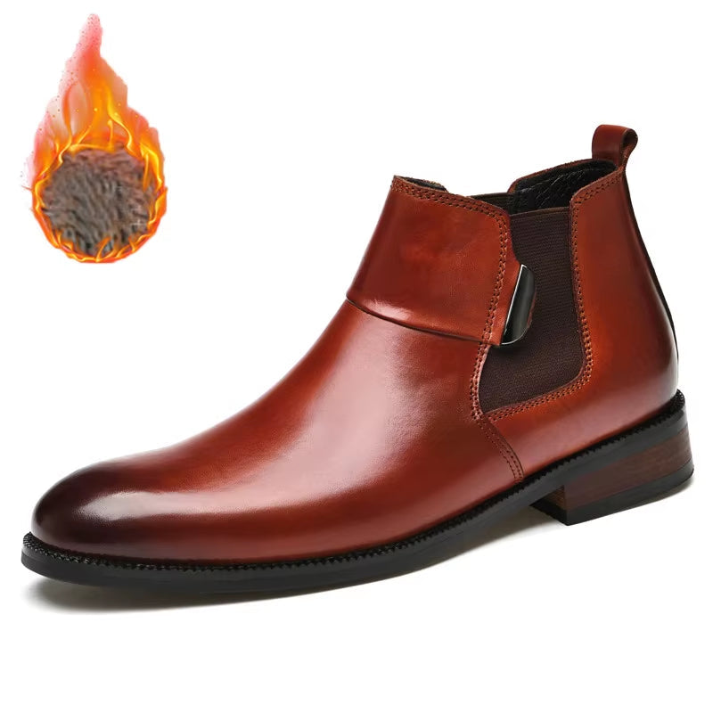 Chelsea Boots Ankle Men Warm Elevator Shoes High Height Increase Insole 6Cm Winter Business Outdoor Man Cow Leather