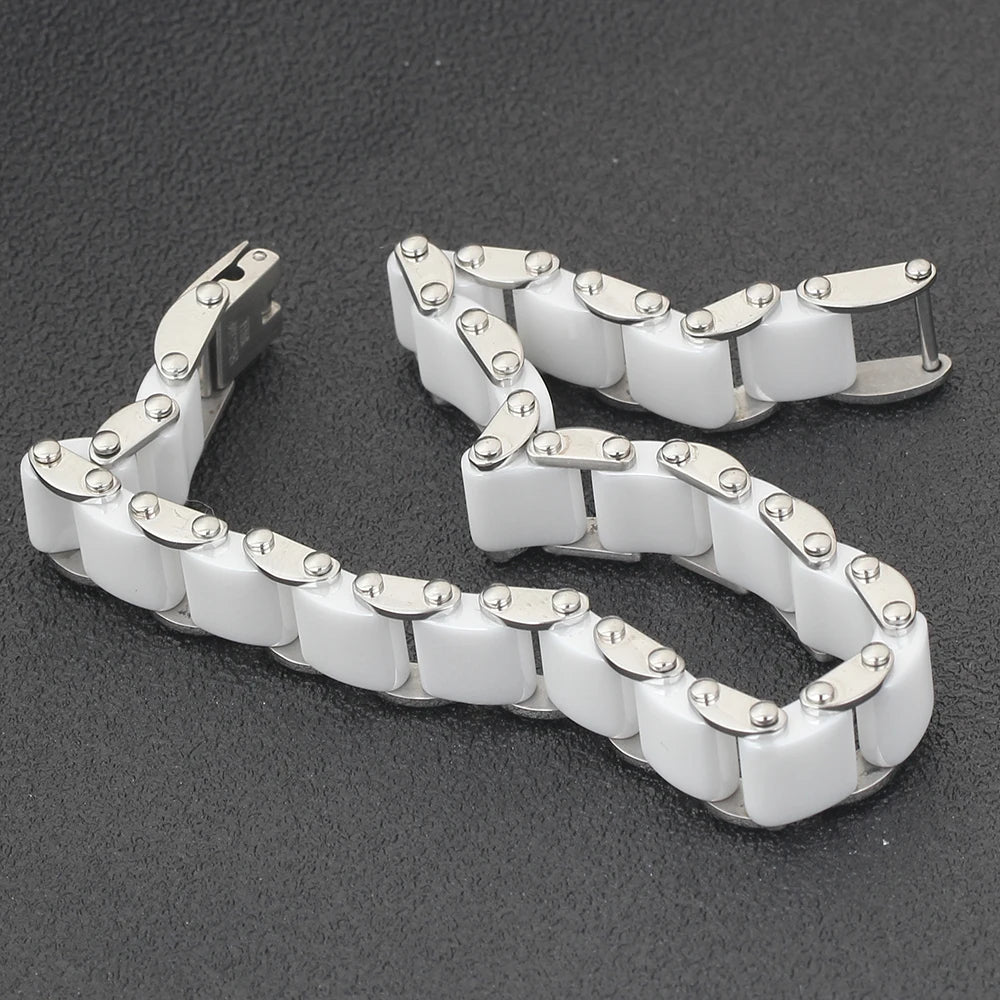 Fashion White/Black Ceramic Wrap Bracelet &Bangle for Men Women 12Mm Width Stainless Steel Charm Bracelet