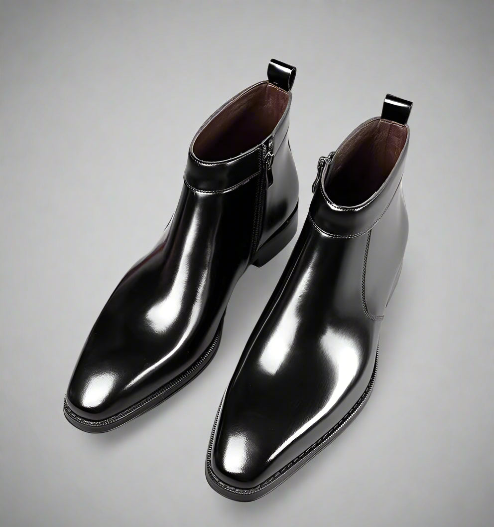Men'S Handmade Chelsea Boots, Vintage Style, Shiny Leather, Business High-Top Shoes, Zipper Short Boots.