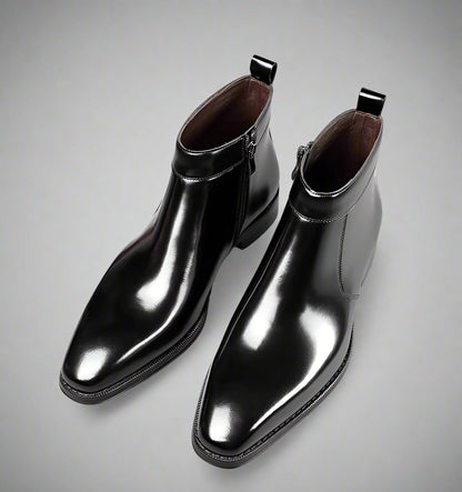 Men'S Handmade Chelsea Boots, Vintage Style, Shiny Leather, Business High-Top Shoes, Zipper Short Boots.
