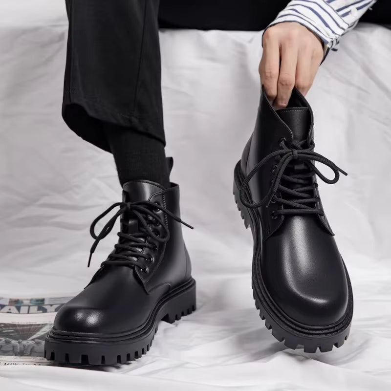 Luxury British Style High Top Casual Leather Boots with Trendy Side Zippers for Spring Autumn New High-Quality Work Boots