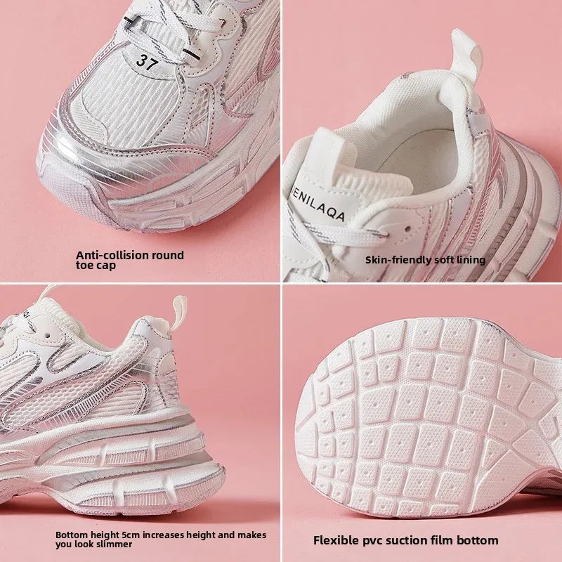 Women'S Thick Bottom Breathable Sports Shoes Spring New Style Casual Increased Height Rubber Outsole Grid Lining All Season