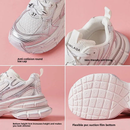 Women'S Thick Bottom Breathable Sports Shoes Spring New Style Casual Increased Height Rubber Outsole Grid Lining All Season