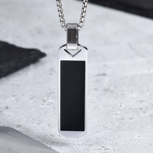 Casual Black Enamel Necklaces for Men,Waterproof Stainless Steel Square Pendant Necklace,Simple Fashion Male Collar Jewelry Gift