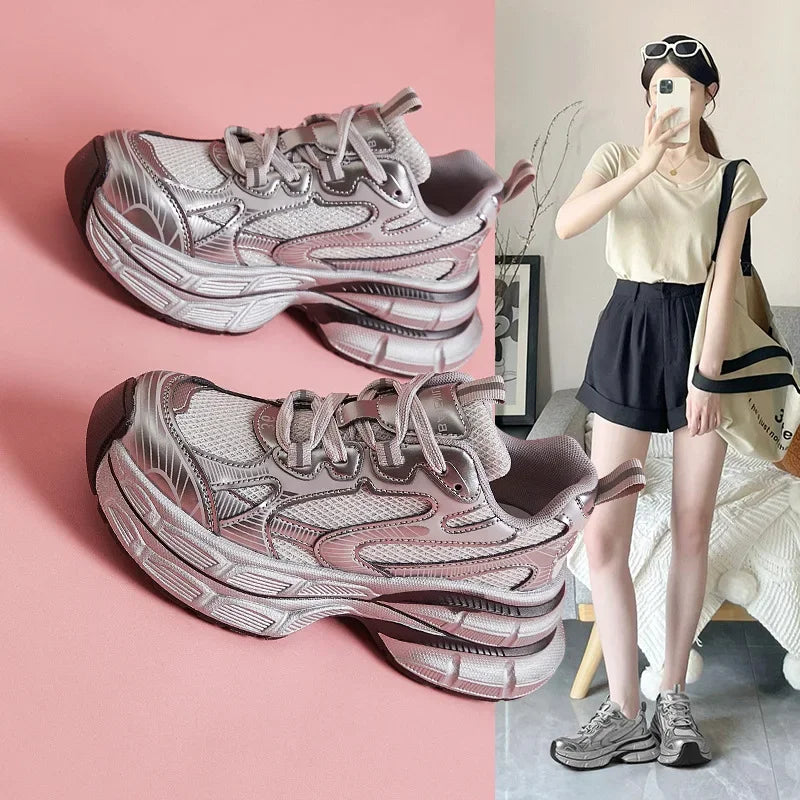 Women'S Thick Bottom Breathable Sports Shoes Spring New Style Casual Increased Height Rubber Outsole Grid Lining All Season