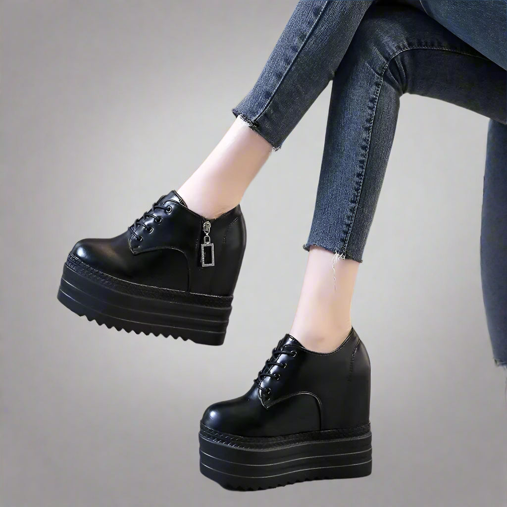 Korean Style 12CM Platform High Heel Women'S Shoes Internal Increase Shoes Lace-Up Sneakers Versatile Spring Autumn Women'S Foot