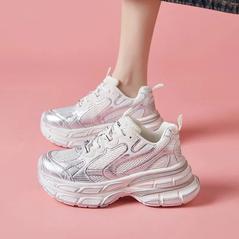 Women'S Thick Bottom Breathable Sports Shoes Spring New Style Casual Increased Height Rubber Outsole Grid Lining All Season