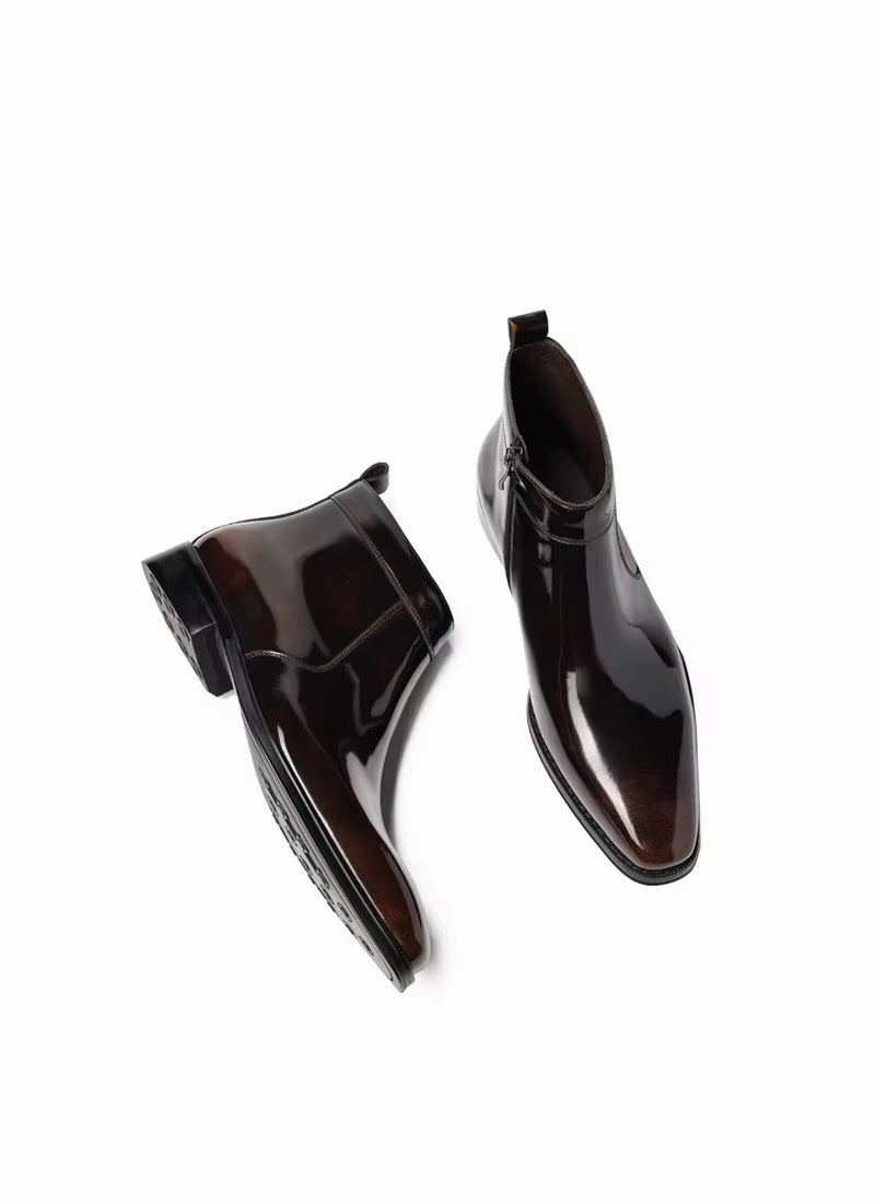 Men'S Handmade Chelsea Boots, Vintage Style, Shiny Leather, Business High-Top Shoes, Zipper Short Boots.