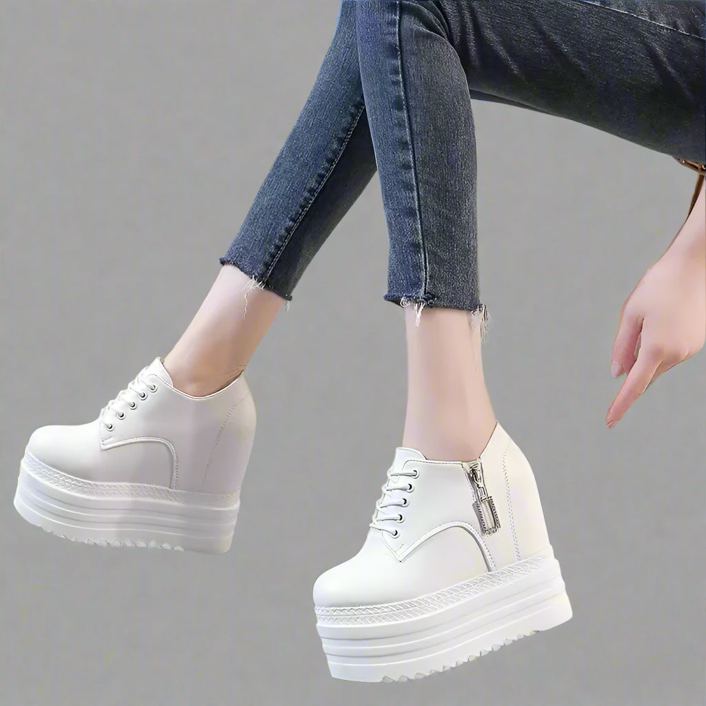 Korean Style 12CM Platform High Heel Women'S Shoes Internal Increase Shoes Lace-Up Sneakers Versatile Spring Autumn Women'S Foot