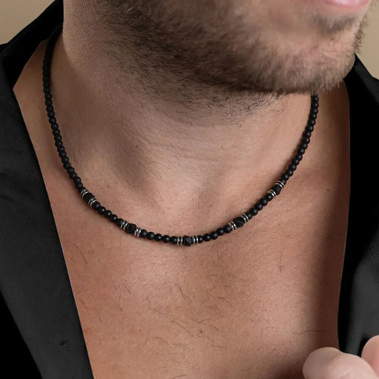 New in Beaded Necklace for Men Hip Hop Niche Punk Stainless Steel Black Frosted Cut Black Agate Collarbone Chain Jewelry