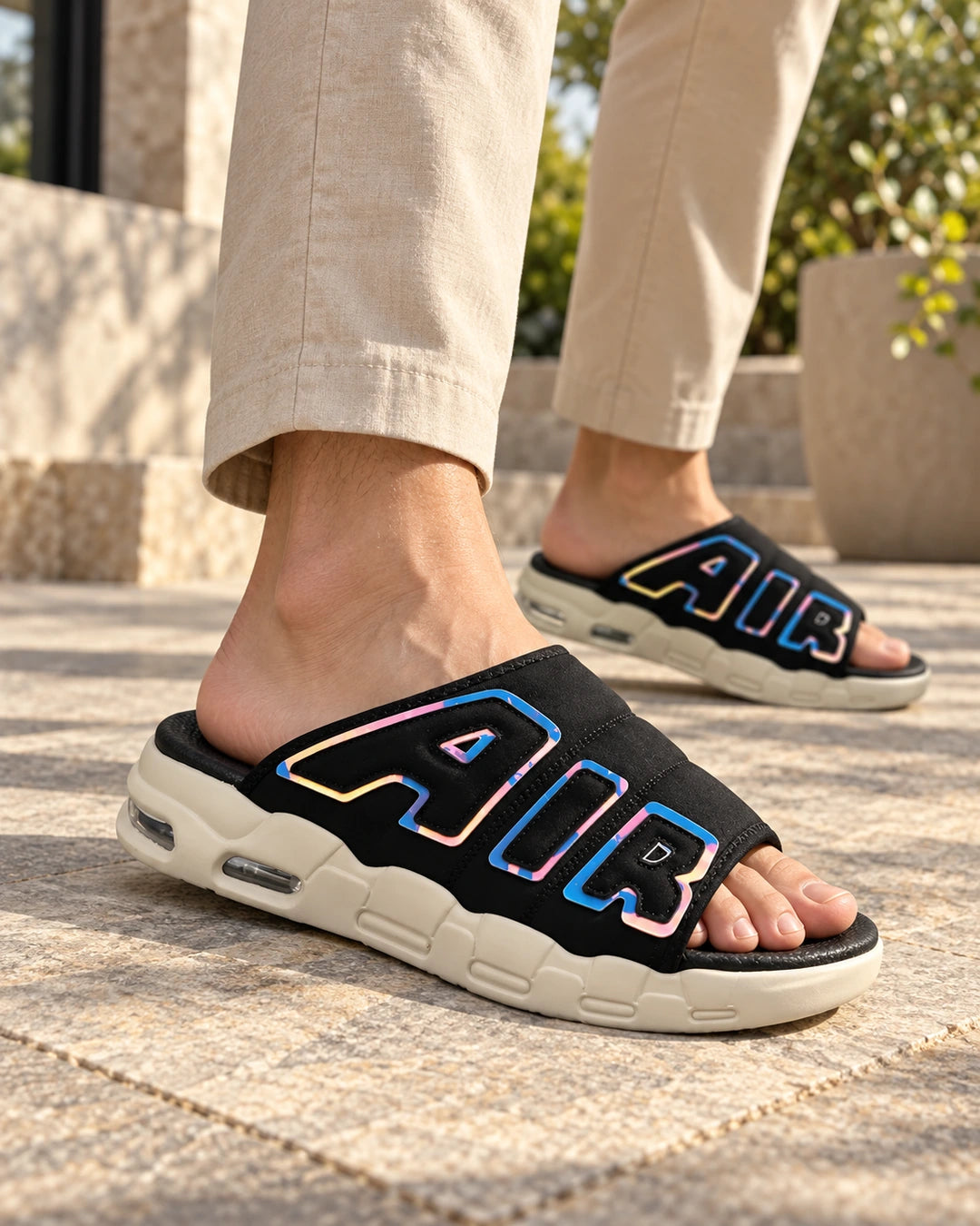 StepUp Comfort כפכפים מגביהים בצבע שחור בז׳, צילום לייפסטייל על הרגל | StepUp Shoes