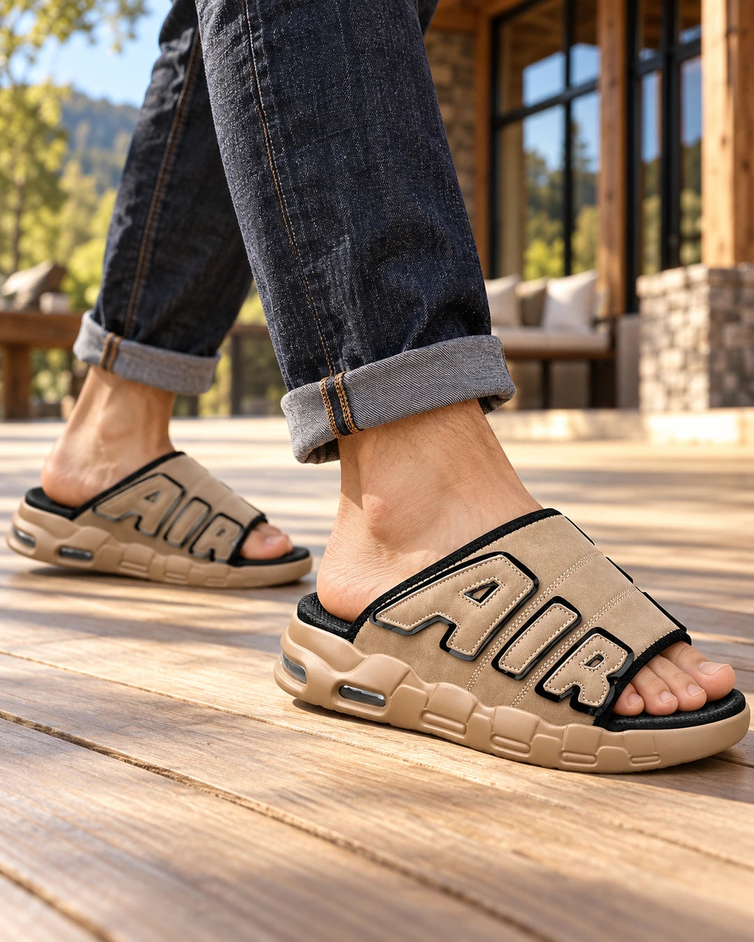 StepUp Comfort כפכפים מגביהים בצבע חום, צילום לייפסטייל על הרגל | StepUp Shoes