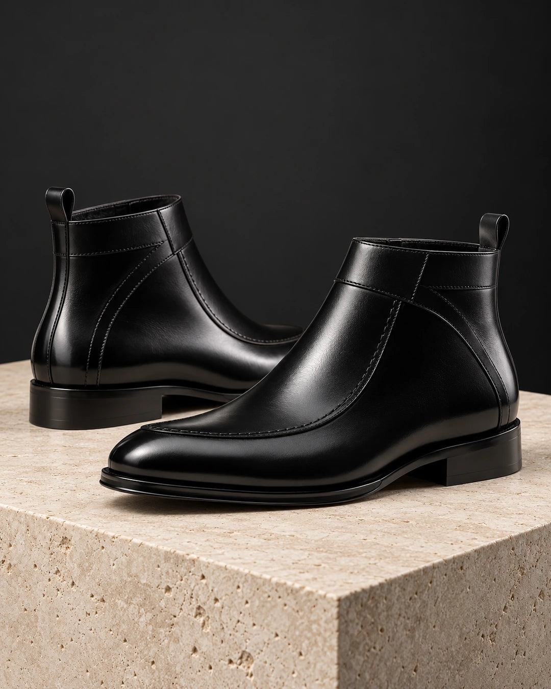 מגפי אלגנט מגביהים מעור דגם LevelUp Stepup Boots בצבע שחור – צילום מוצר בסטודיו | StepUp Shoes