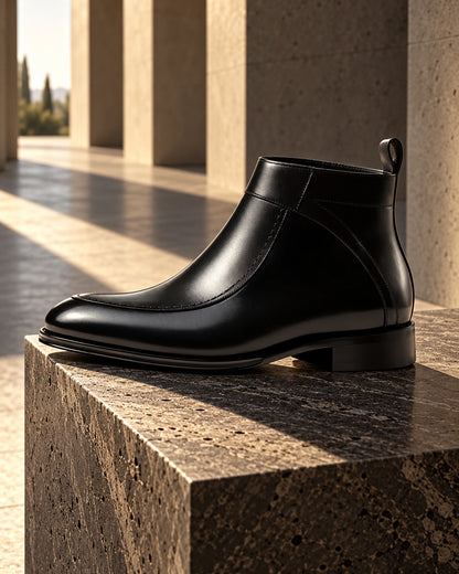 מגפי אלגנט מגביהים מעור דגם LevelUp Stepup Boots בצבע שחור – צילום Editorial | StepUp Shoes