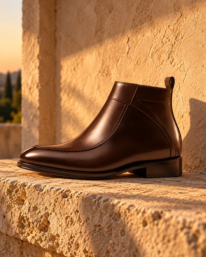 מגפי אלגנט מגביהים מעור דגם LevelUp Stepup Boots בצבע חום – צילום Editorial | StepUp Shoes