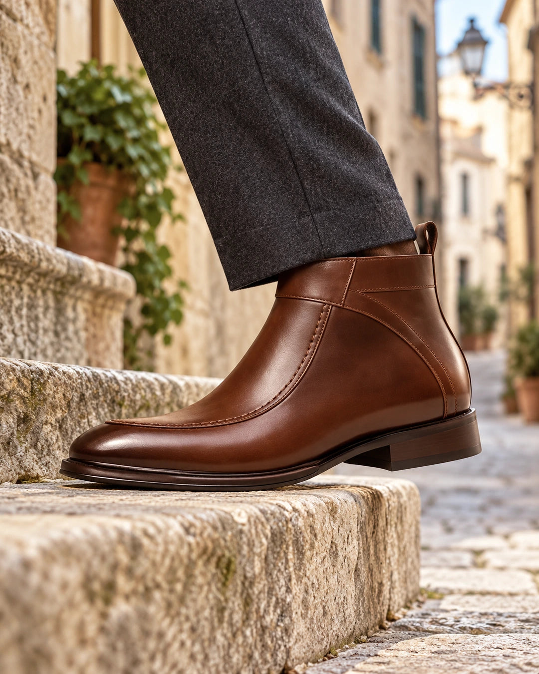 מגפי אלגנט מגביהים מעור דגם LevelUp Stepup Boots בצבע חום – צילום Lifestyle | StepUp Shoes