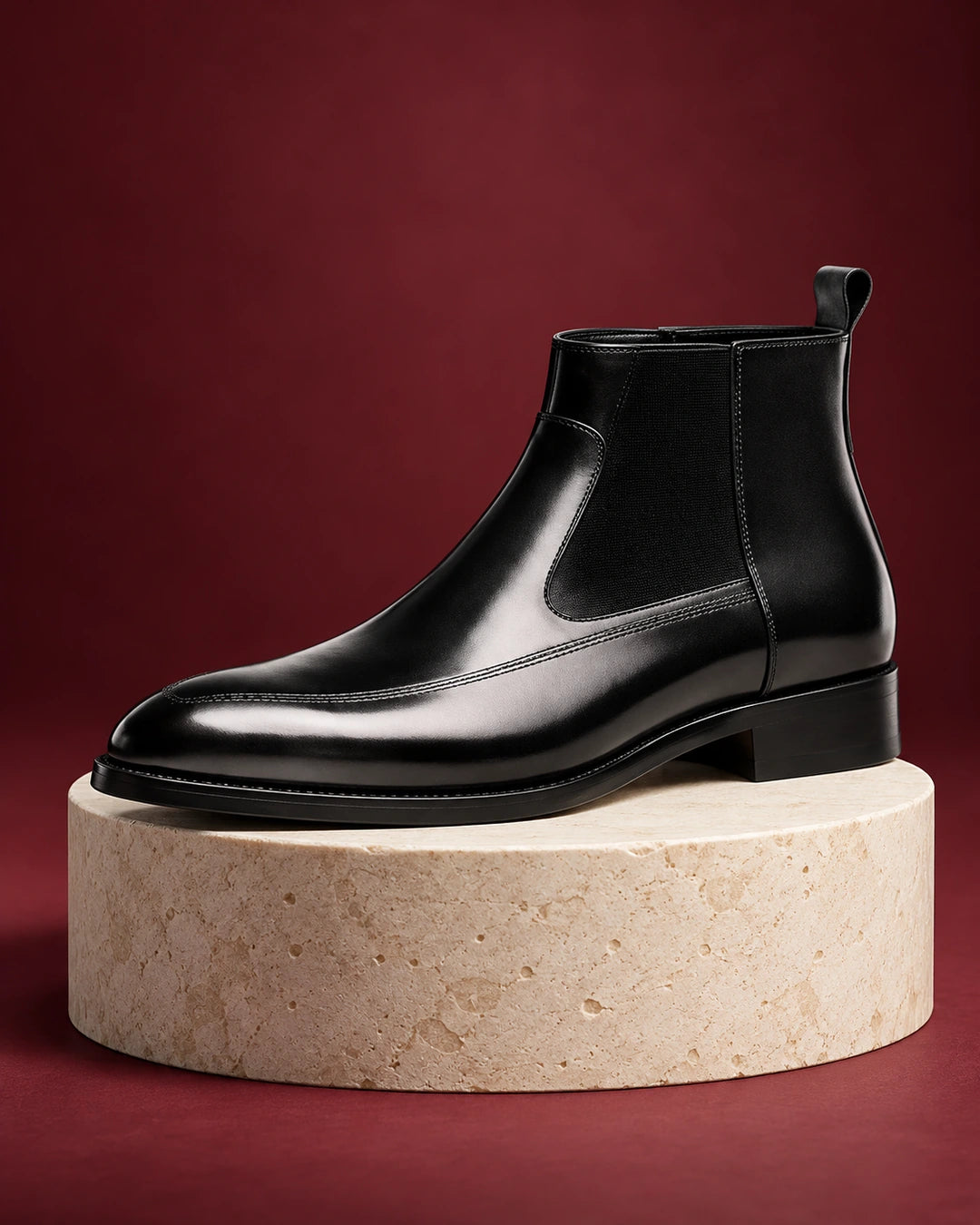 מגפי אלגנט מעור לגברים דגם NobleStep בצבע שחור, צילום מוצר פרימיום בסטודיו | StepUp Shoes