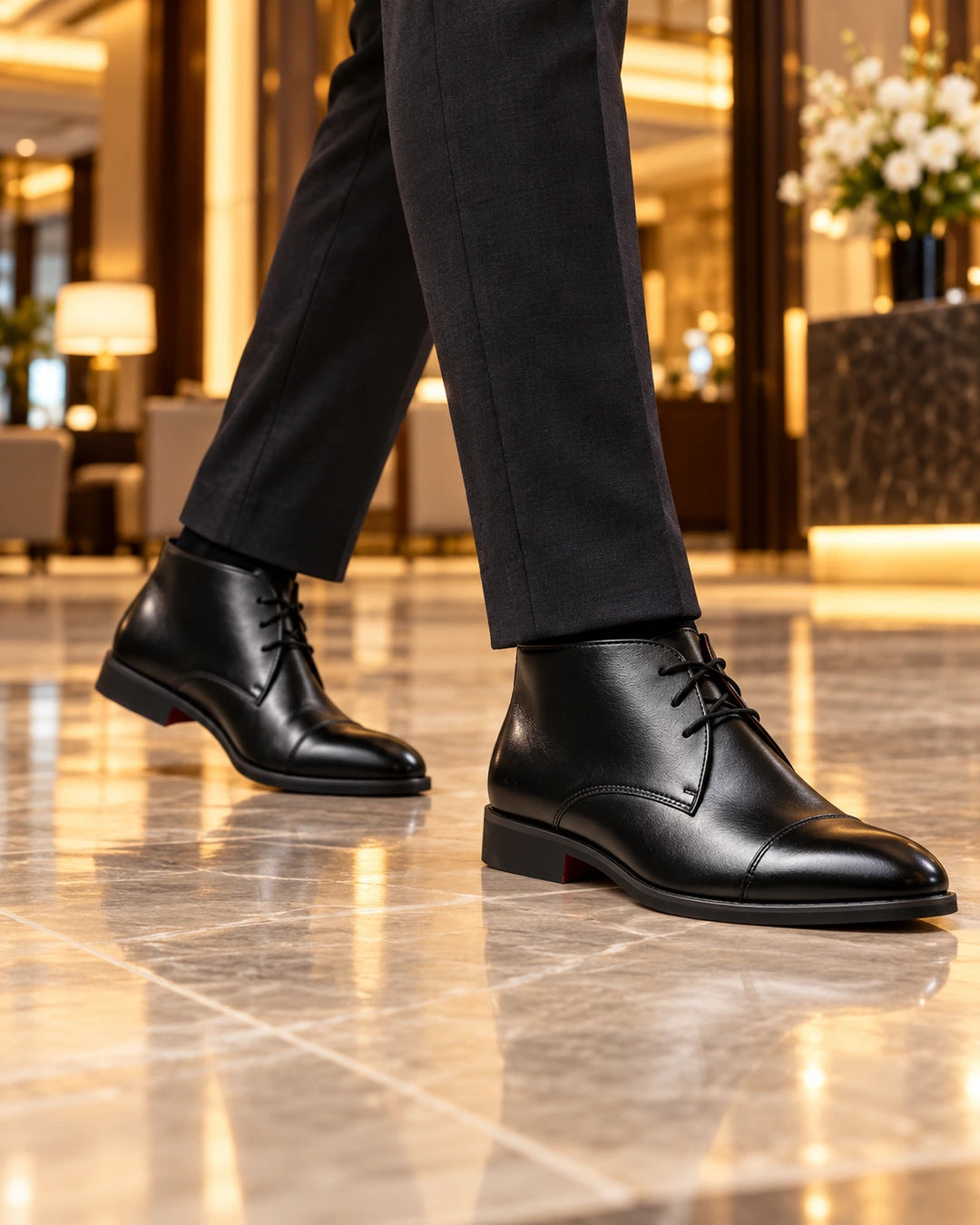 מגפי אלגנט יוקרתיות דגם RoyalRise Boots, בצבע שחור, צילום לייפסטייל על הרגל | StepUp Shoes