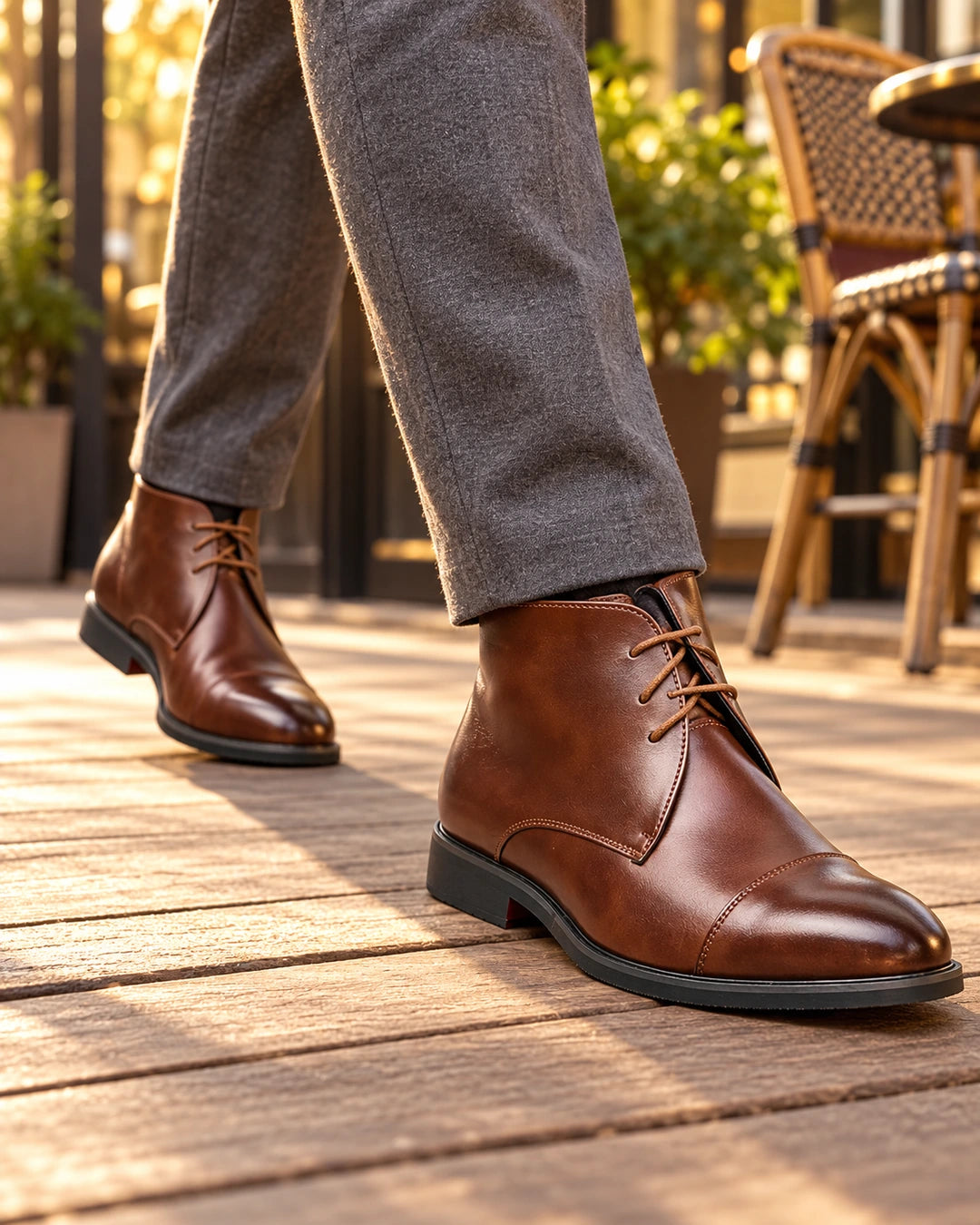 מגפי אלגנט יוקרתיות דגם RoyalRise Boots, בצבע חום, צילום לייפסטייל על הרגל | StepUp Shoes