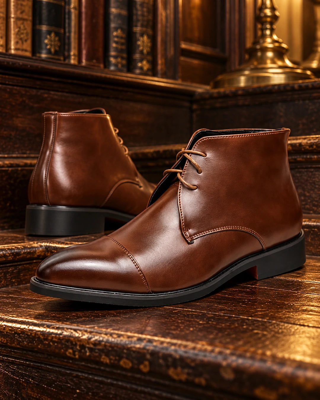 מגפי אלגנט יוקרתיות דגם RoyalRise Boots, בצבע חום, צילום אדיטוריאלי יצירתי | StepUp Shoes