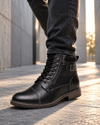 מגפי עור מגביהים דגם UrbanRise בצבע שחור – צילום Lifestyle | StepUp Shoes