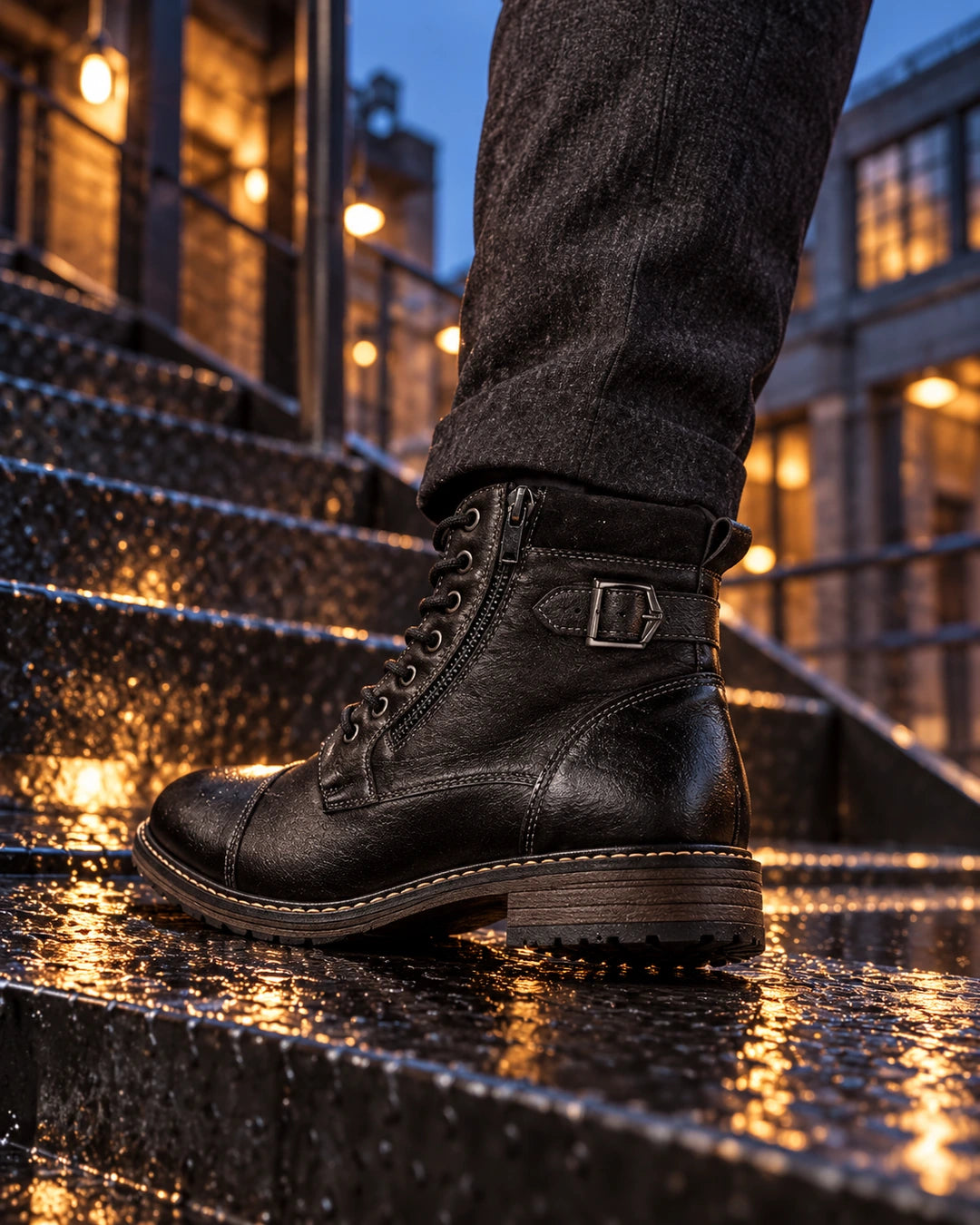 מגפי עור מגביהים דגם UrbanRise בצבע שחור – צילום Editorial | StepUp Shoes
