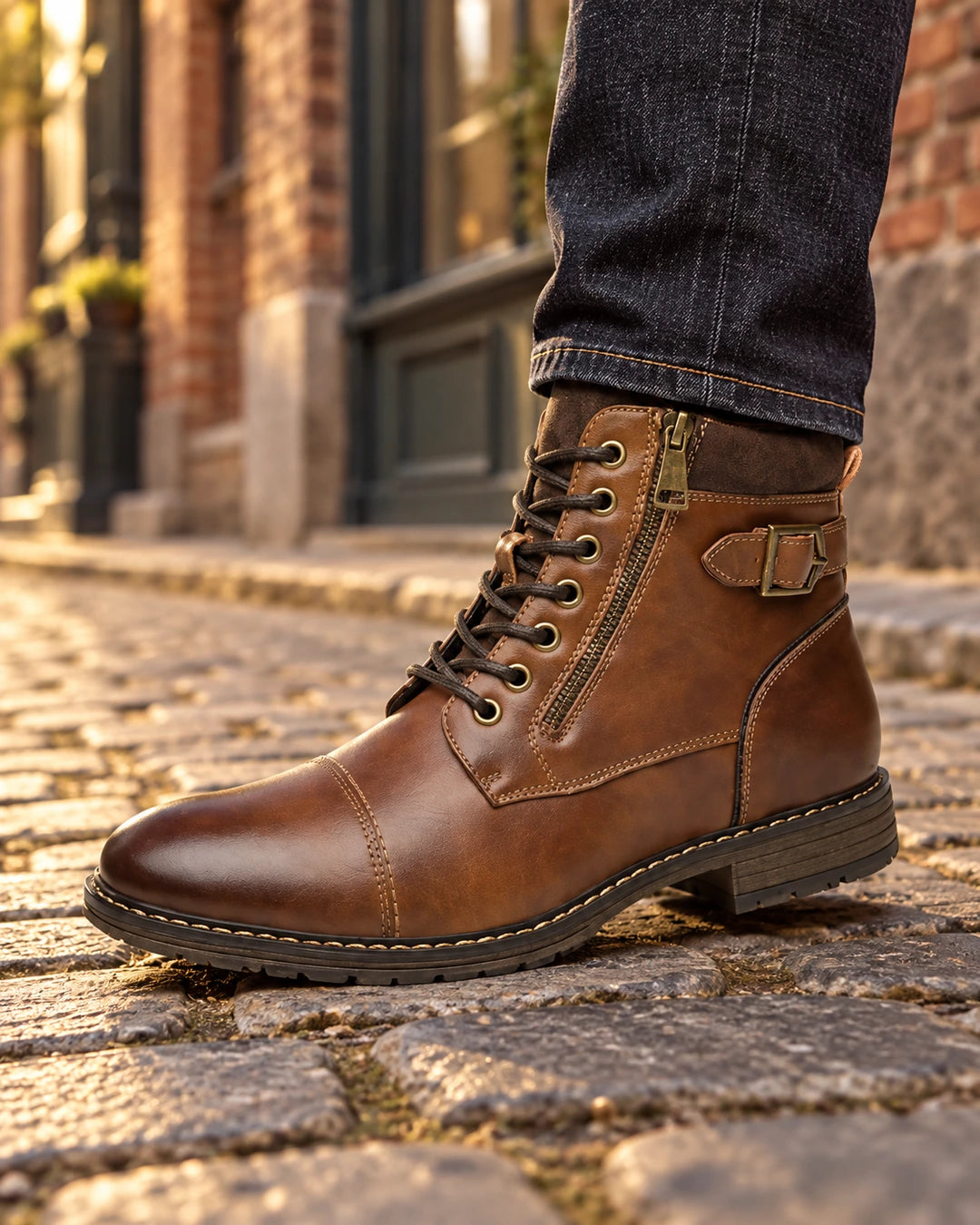 מגפי עור מגביהים דגם UrbanRise בצבע חום – צילום Lifestyle | StepUp Shoes