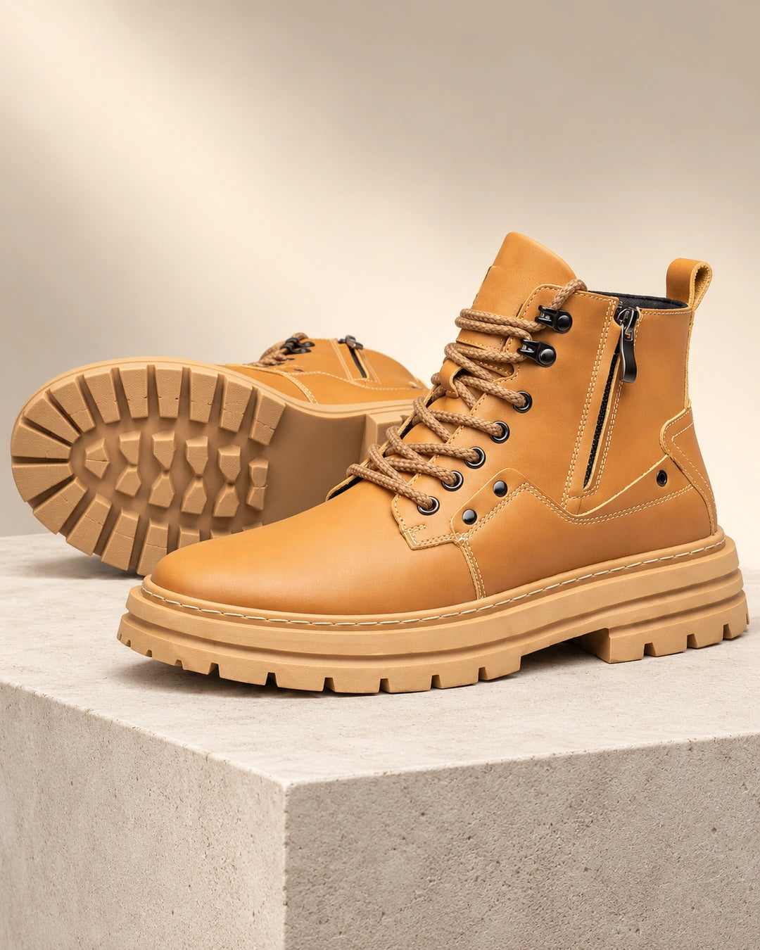 מגפיים מגביהים דגם TitanRise Boots 2 בצבע חרדל – צילום מוצר בסטודיו | StepUp Shoes