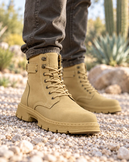 מגפיים מגביהים דגם MaxLift Boots בצבע חאקי – צילום Lifestyle | StepUp Shoes