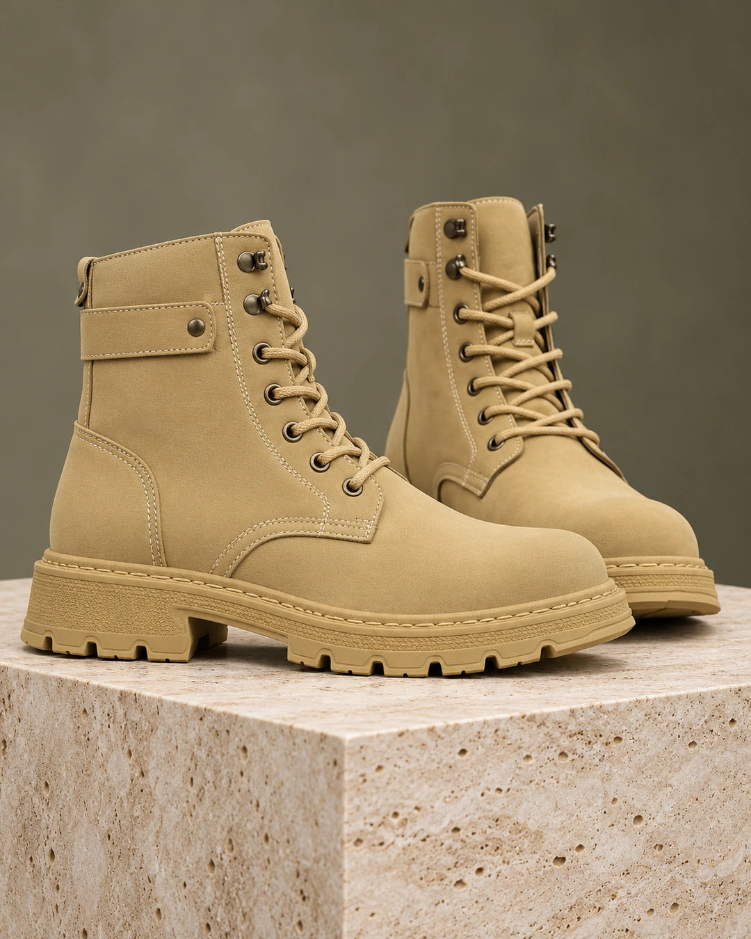 מגפיים מגביהים דגם MaxLift Boots בצבע חאקי – צילום מוצר בסטודיו | StepUp Shoes