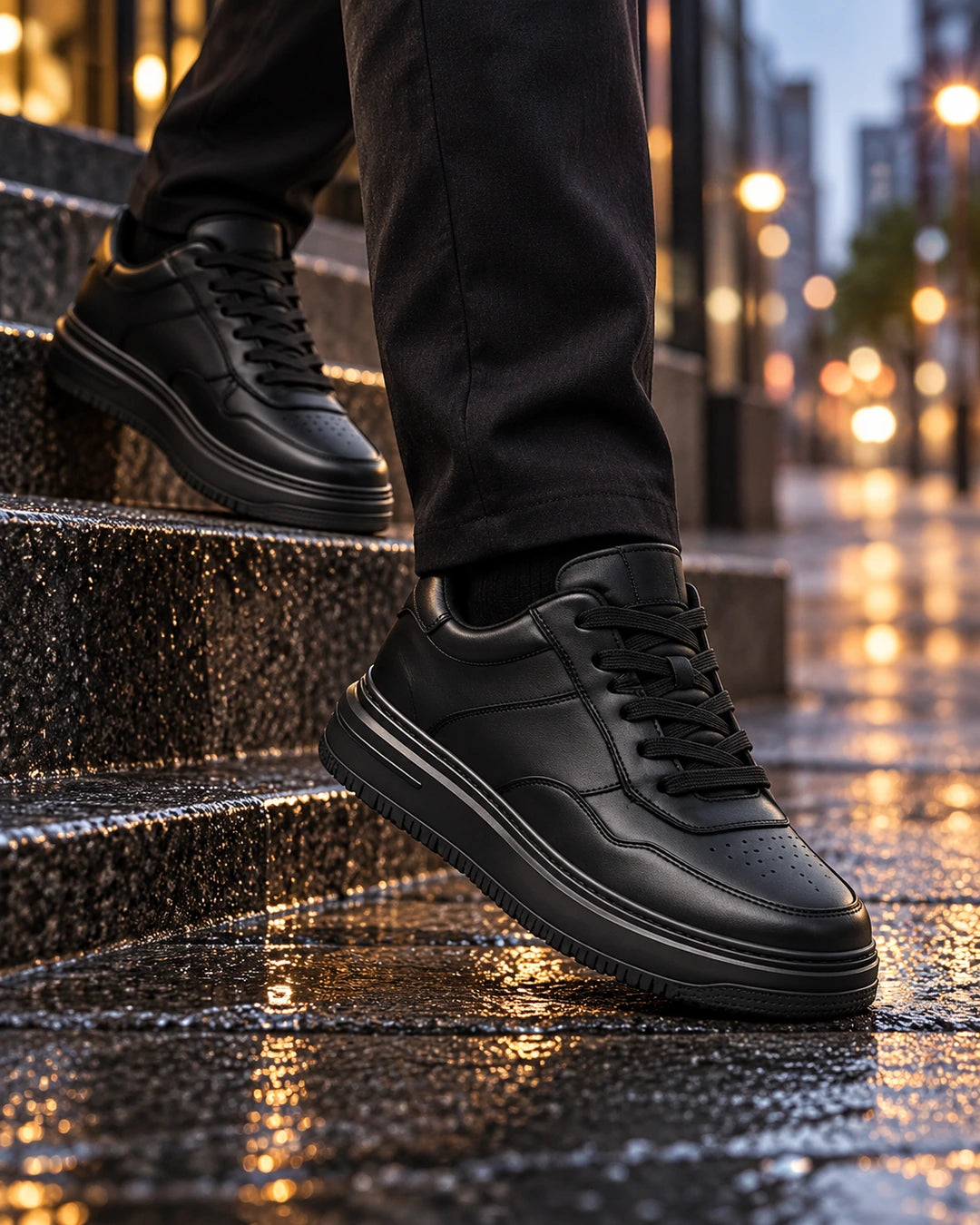 נעלי סניקרס מגביהות דגם Stealth Height בצבע שחור – צילום Lifestyle בסביבה טבעית | StepUp Shoes