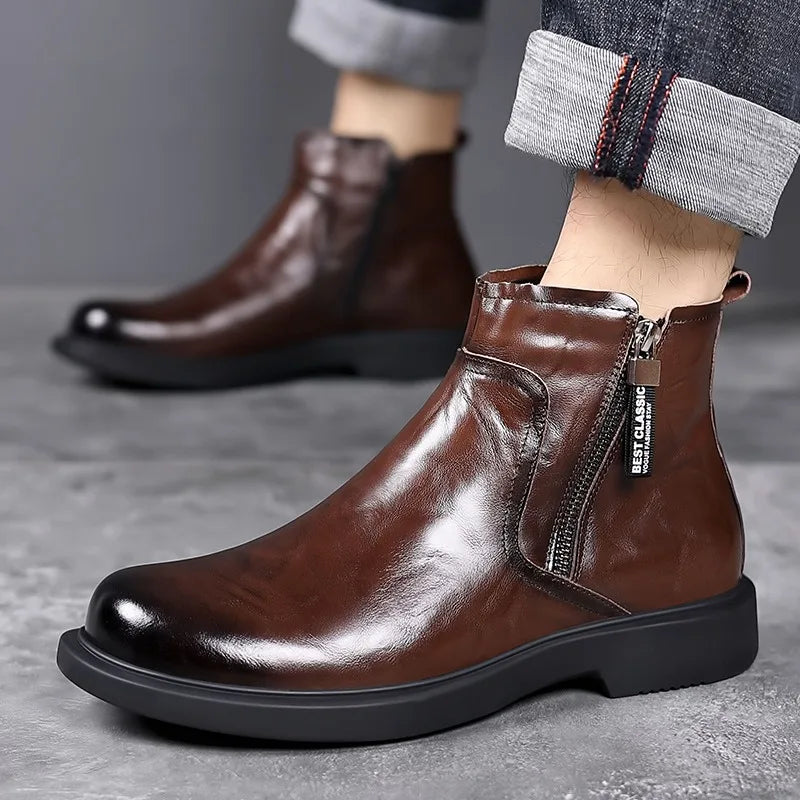 Fashion Genuine Leather Ankle Boots for Men Autumn Winter Velvet Warm Men'S Chelsea Boots New Designer Casual Dress Shoes Man