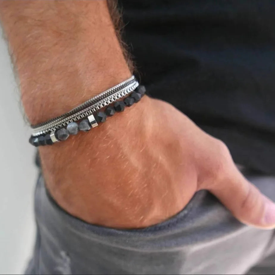 2PC Black Section Stone Beaded Bracelets for Men Fashion Hip Hop Chain Bracelet Set Combination Jewelry