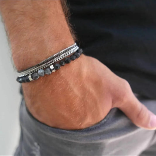 2PC Black Section Stone Beaded Bracelets for Men Fashion Hip Hop Chain Bracelet Set Combination Jewelry