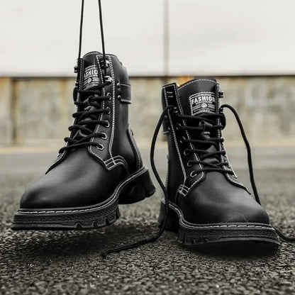 Men'S High Top Desert Workwear Boots Motorcycle Trendy Shoes PU Leather round Toe Low Heel Rubber Outsole Street Style Boots