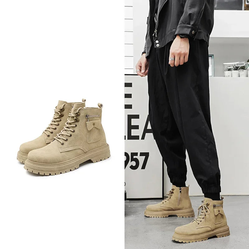 Men'S High Top Desert Workwear Boots Motorcycle Trendy Shoes PU Leather round Toe Low Heel Rubber Outsole Street Style Boots