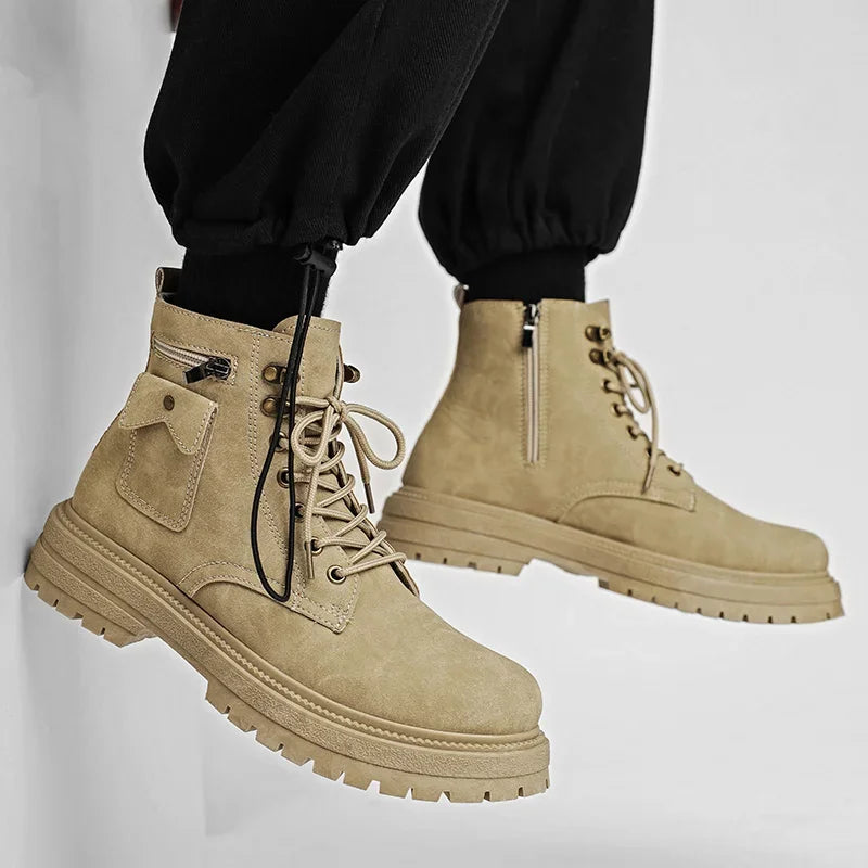 Men'S High Top Desert Workwear Boots Motorcycle Trendy Shoes PU Leather round Toe Low Heel Rubber Outsole Street Style Boots