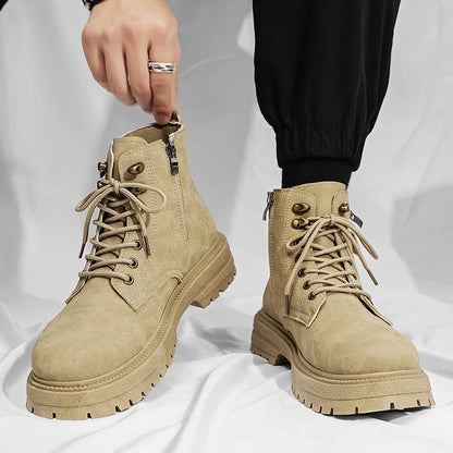 Men'S High Top Desert Workwear Boots Motorcycle Trendy Shoes PU Leather round Toe Low Heel Rubber Outsole Street Style Boots