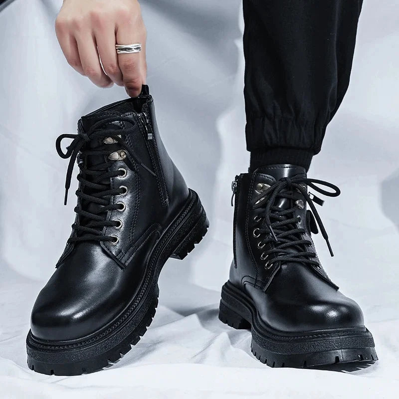 Men'S High Top Desert Workwear Boots Motorcycle Trendy Shoes PU Leather round Toe Low Heel Rubber Outsole Street Style Boots